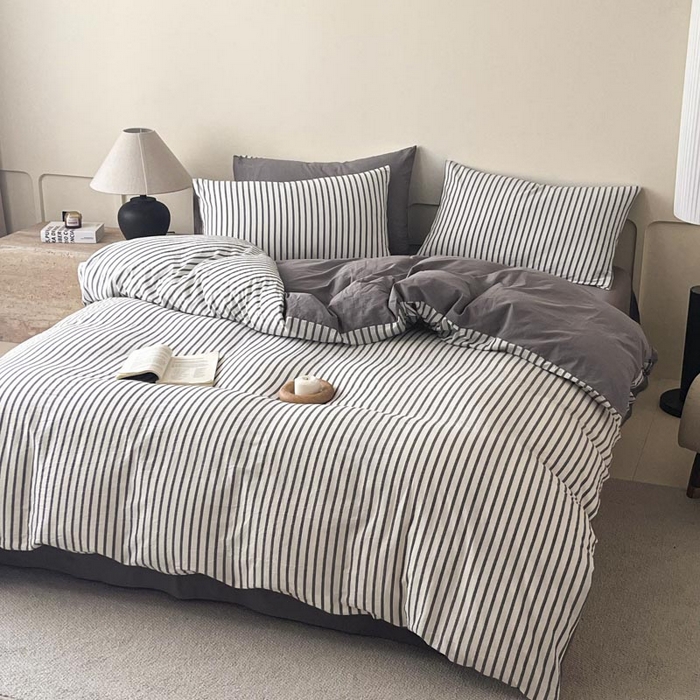 91家纺网 家纺一手货源 找家纺 ab家纺 2024新款色织全棉40支水洗棉条纹四件套  优岸-灰