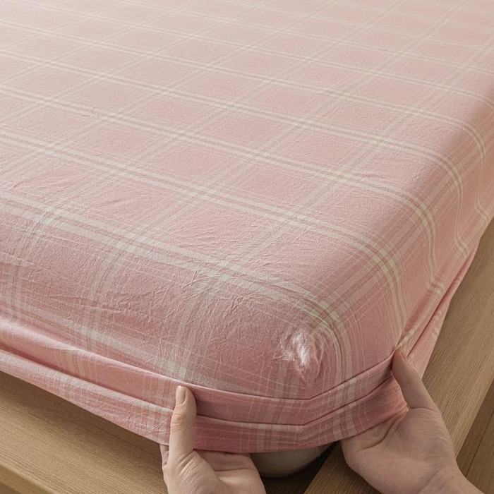 91家纺网 家纺一手货源 找家纺 ab家纺 2025新款简约色织水洗棉床笠 希格文-粉