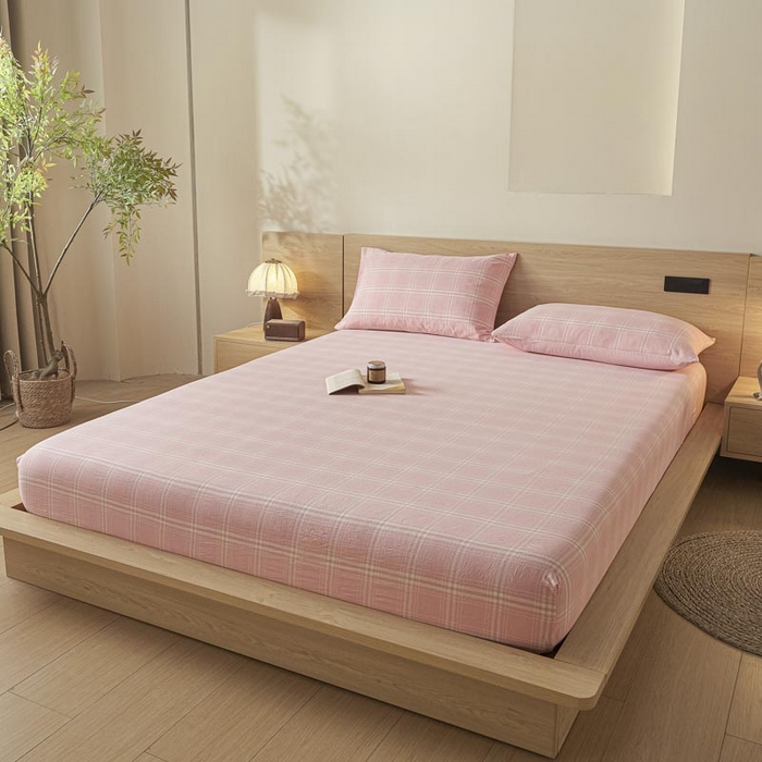 91家纺网 家纺一手货源 找家纺 ab家纺 2025新款简约色织水洗棉床笠 希格文-粉