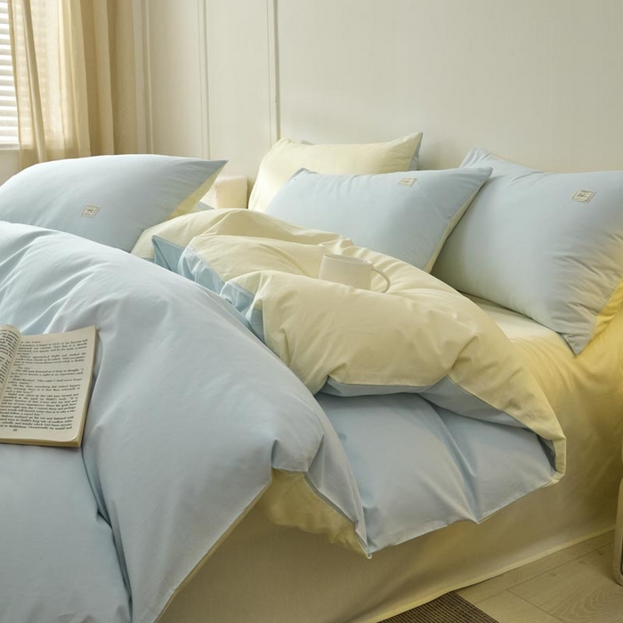 91家纺网 家纺一手货源 找家纺 ab家纺 2025新款色织全棉40支水洗棉四件套--双拼第二组 天空蓝杏黄