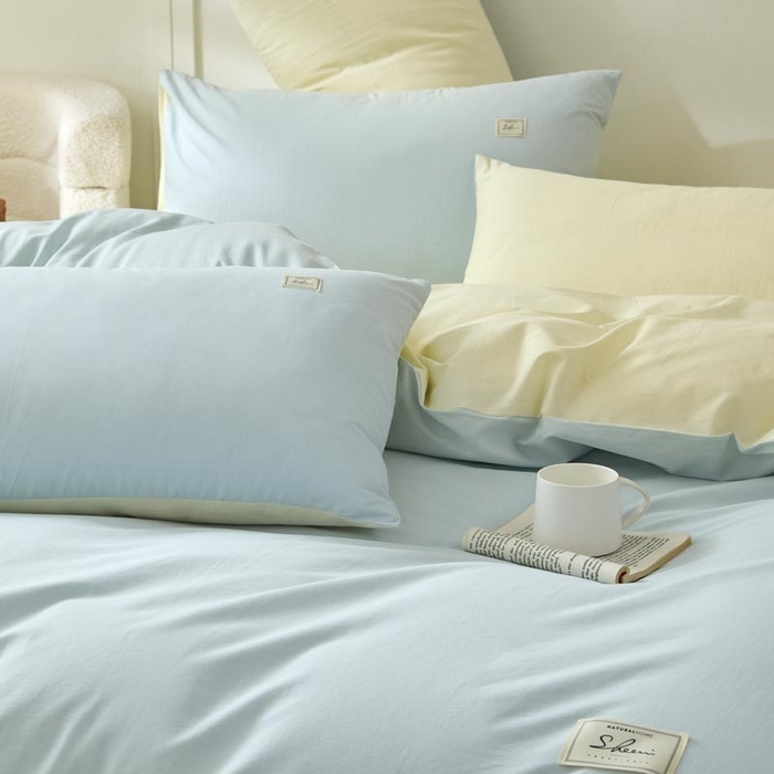 91家纺网 家纺一手货源 找家纺 ab家纺 2025新款色织全棉40支水洗棉四件套--双拼第二组 天空蓝杏黄