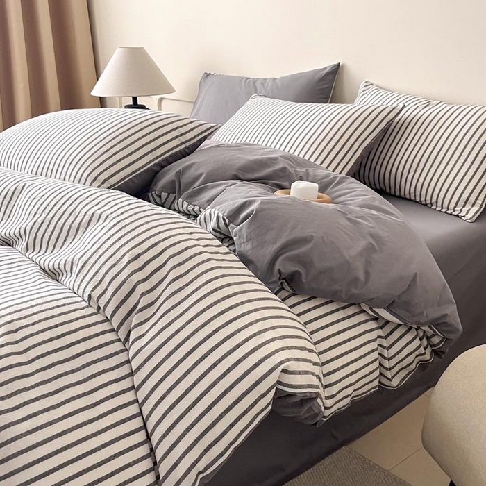 91家纺网 家纺一手货源 找家纺 ab家纺 2024新款色织全棉40支水洗棉条纹四件套  优岸-灰