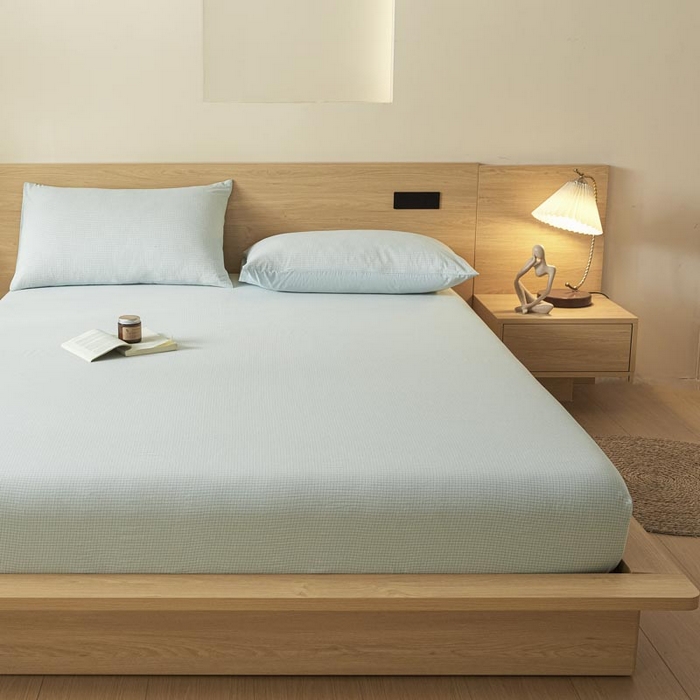 91家纺网 家纺一手货源 找家纺 ab家纺 2025新款简约色织水洗棉床笠 可颂-蓝