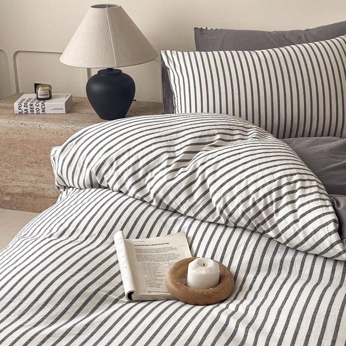 91家纺网 家纺一手货源 找家纺 ab家纺 2024新款色织全棉40支水洗棉条纹四件套  优岸-灰