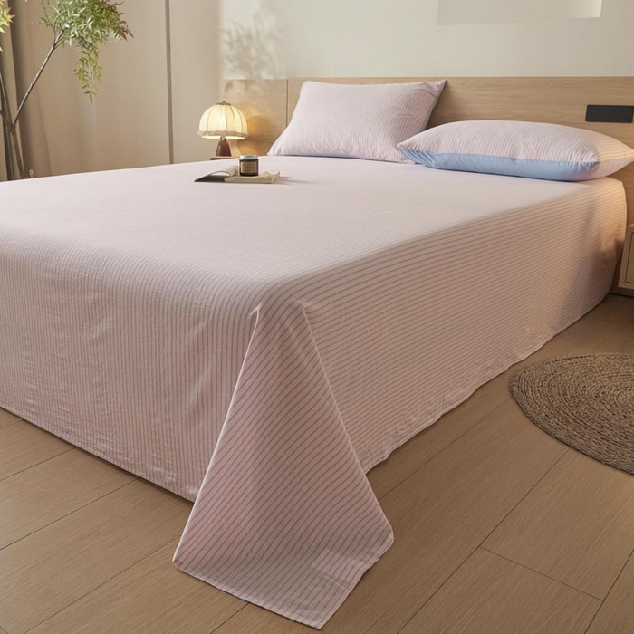 91家纺网 家纺一手货源 找家纺 ab家纺 2025新款简约色织水洗棉床单 余晖-粉蓝