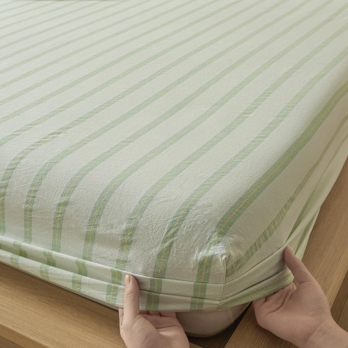 91家纺网 家纺一手货源 找家纺 ab家纺 2025新款简约色织水洗棉床笠 平行线-绿