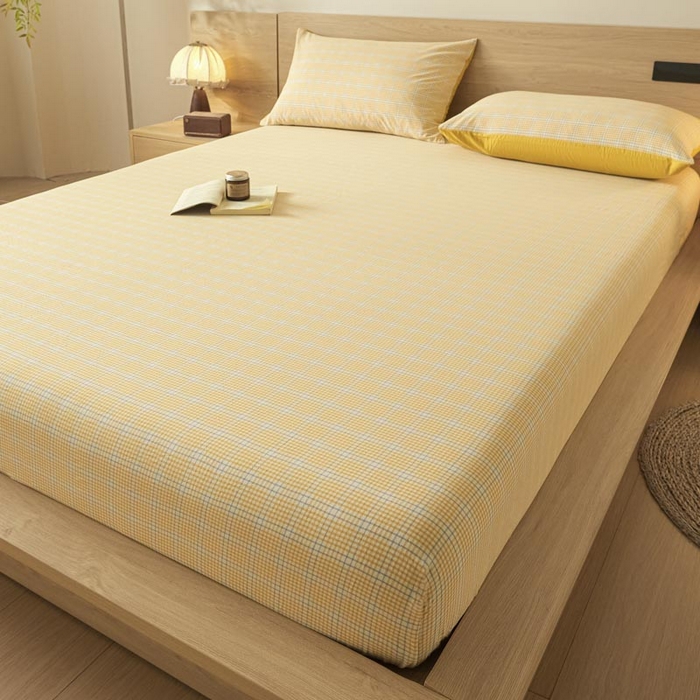 91家纺网 家纺一手货源 找家纺 ab家纺 2025新款简约色织水洗棉床笠 芙卡格-黄