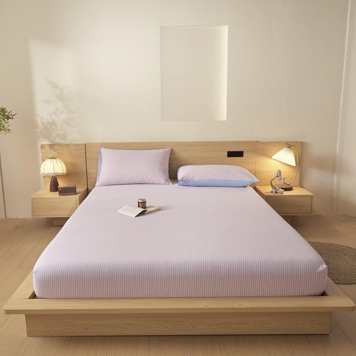 91家纺网 家纺一手货源 找家纺 ab家纺 2025新款简约色织水洗棉床笠 余晖-粉蓝