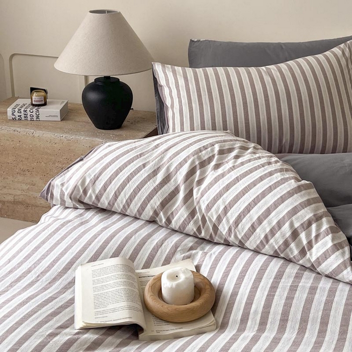 91家纺网 家纺一手货源 找家纺 ab家纺 2024新款色织全棉40支水洗棉条纹四件套  天竺棉 稀咖