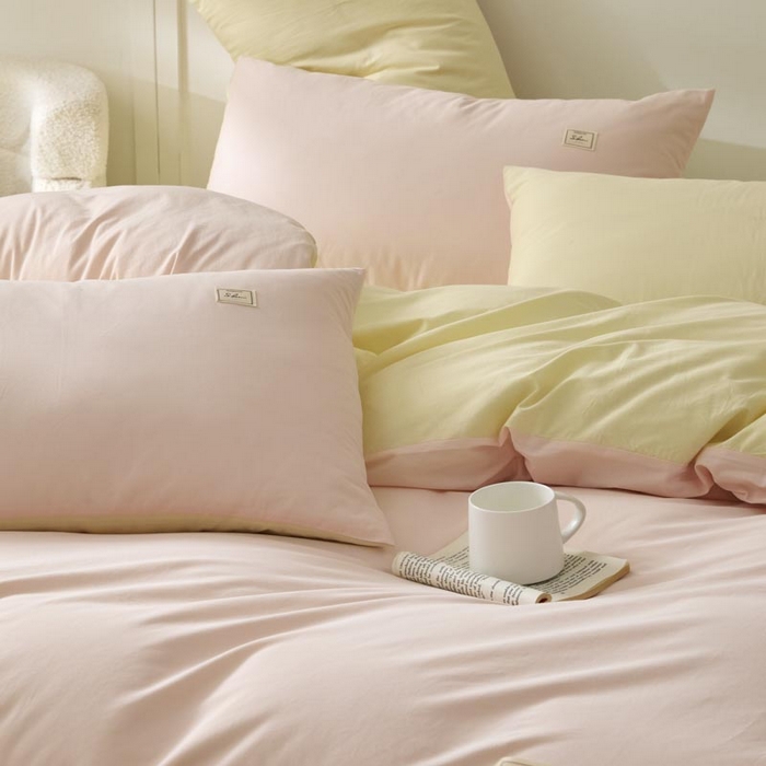 91家纺网 家纺一手货源 找家纺 ab家纺 2025新款色织全棉40支水洗棉四件套--双拼第二组 微微粉杏黄