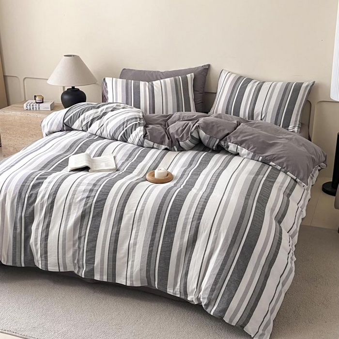 91家纺网 家纺一手货源 找家纺 ab家纺 2024新款色织全棉40支水洗棉条纹四件套  拉菲尔-灰