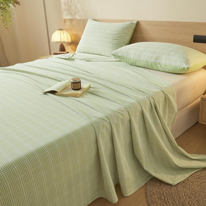 91家纺网 家纺一手货源 找家纺 ab家纺 2025新款简约色织水洗棉床单 可颂-绿
