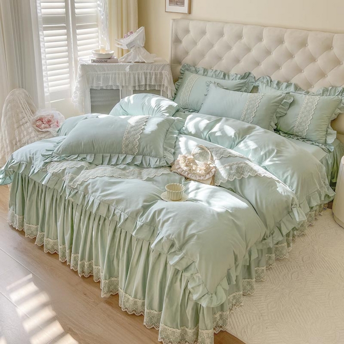 91家纺网 家纺一手货源 找家纺 恋尚 2025新款60贡缎长绒棉床笠裙款四件套-赫朵 赫朵 香草绿