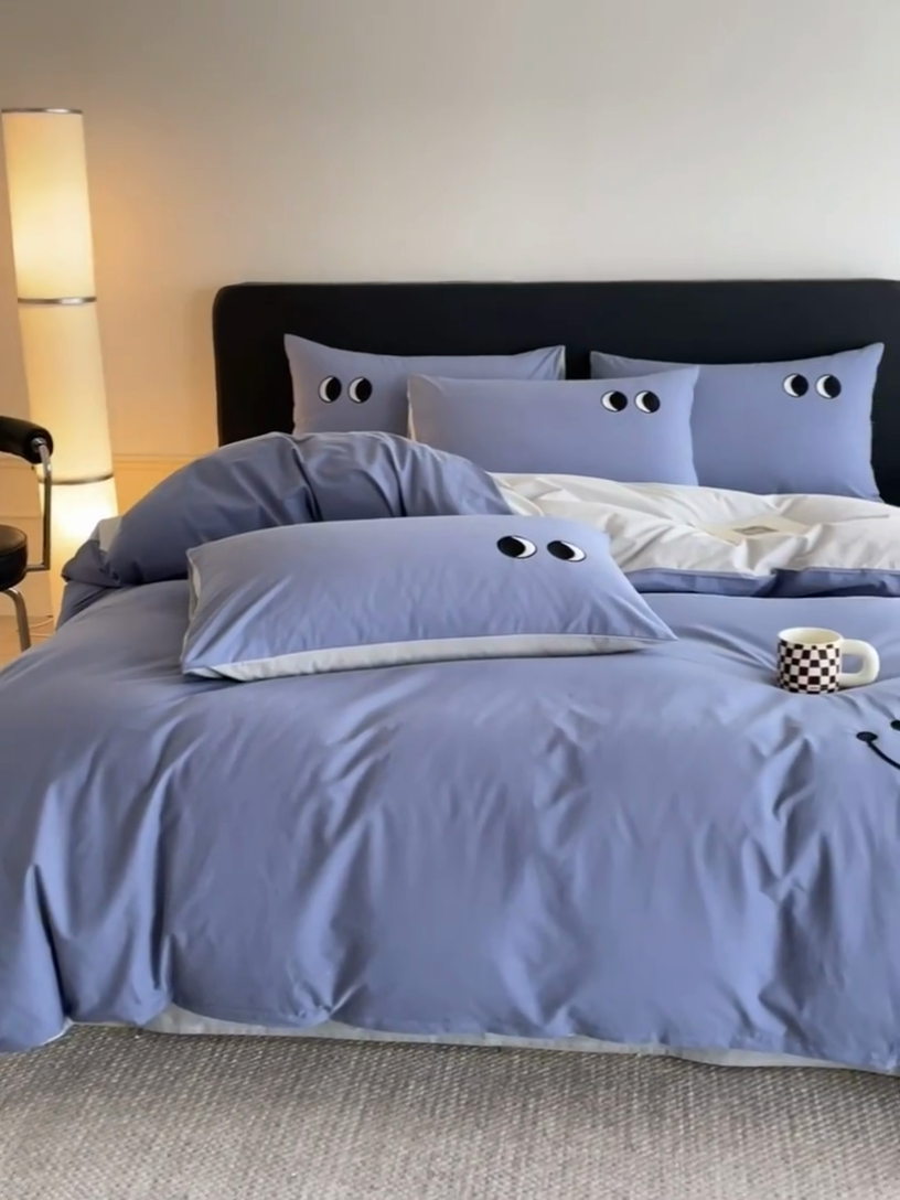 91家纺网 家纺一手货源 找家纺 （总）ab家纺 2025新款纯色水洗棉笑脸双拼绣花四件套