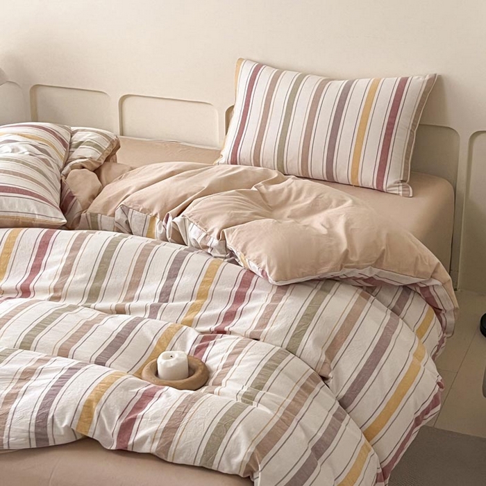 91家纺网 家纺一手货源 找家纺 ab家纺 2024新款色织全棉40支水洗棉条纹四件套  里威 五彩条