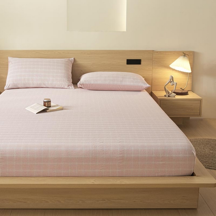 91家纺网 家纺一手货源 找家纺 ab家纺 2025新款简约色织水洗棉床笠 芙卡格-粉