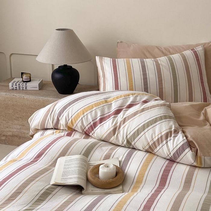 91家纺网 家纺一手货源 找家纺 ab家纺 2024新款色织全棉40支水洗棉条纹四件套  里威 五彩条