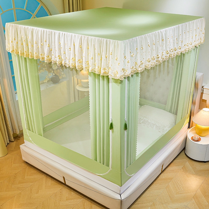 91家纺网 家纺一手货源 找家纺 艾晶美家纺有限公司 2025新款坐式刺绣床帘蚊帐 青果绿