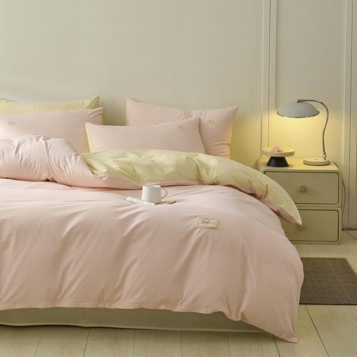 91家纺网 家纺一手货源 找家纺 ab家纺 2025新款色织全棉40支水洗棉四件套--双拼第二组 微微粉杏黄