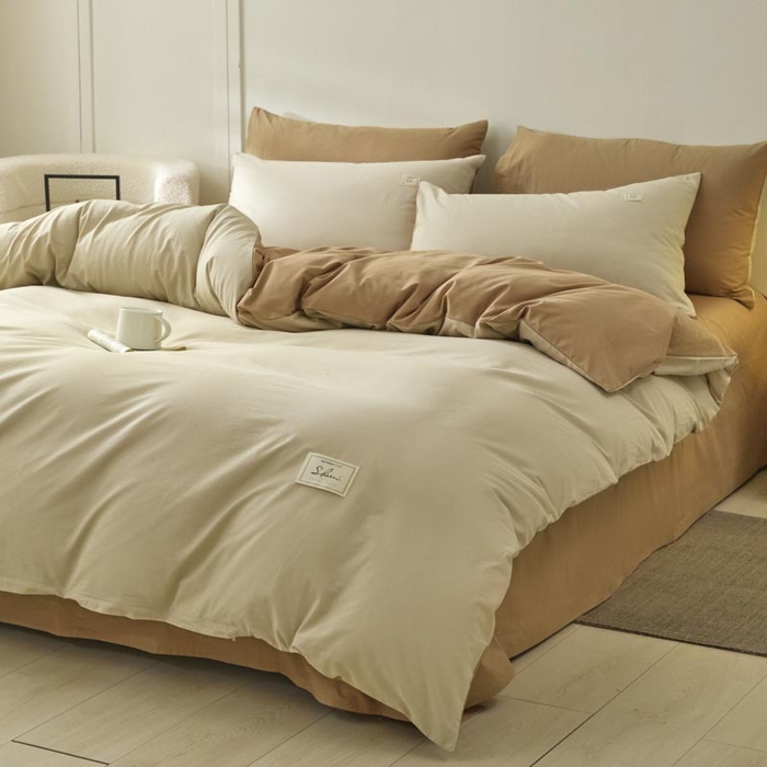 91家纺网 家纺一手货源 找家纺 ab家纺 2025新款色织全棉40支水洗棉四件套--双拼第二组 卡其米咖