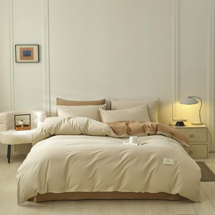 91家纺网 家纺一手货源 找家纺 ab家纺 2025新款色织全棉40支水洗棉四件套--双拼第二组 卡其米咖