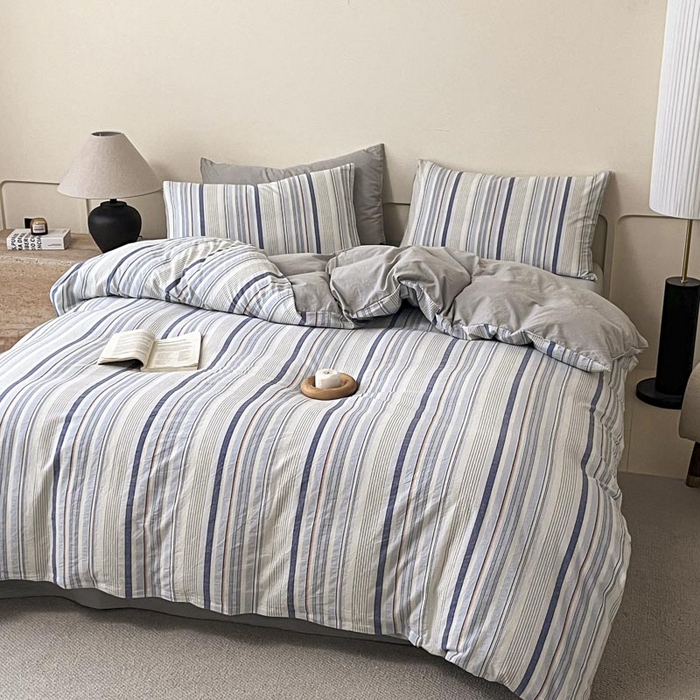 91家纺网 家纺一手货源 找家纺 ab家纺 2024新款色织全棉40支水洗棉条纹四件套  西蒙-蓝