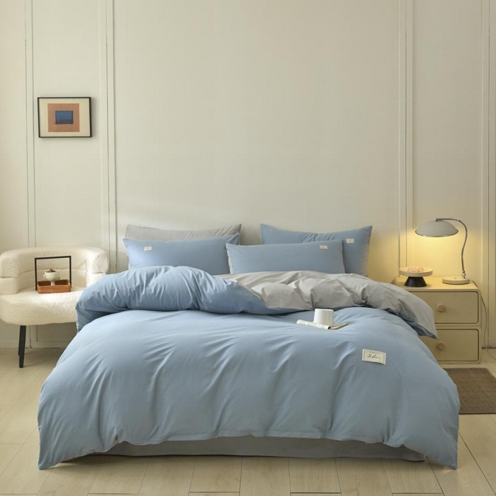 91家纺网 家纺一手货源 找家纺 ab家纺 2025新款色织全棉40支水洗棉四件套--双拼第二组 浅蓝灰