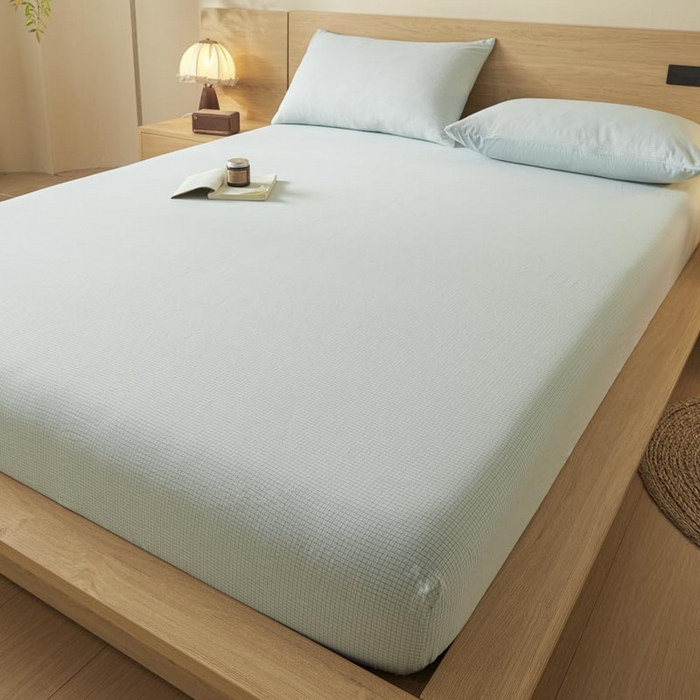 91家纺网 家纺一手货源 找家纺 ab家纺 2025新款简约色织水洗棉床笠 可颂-蓝