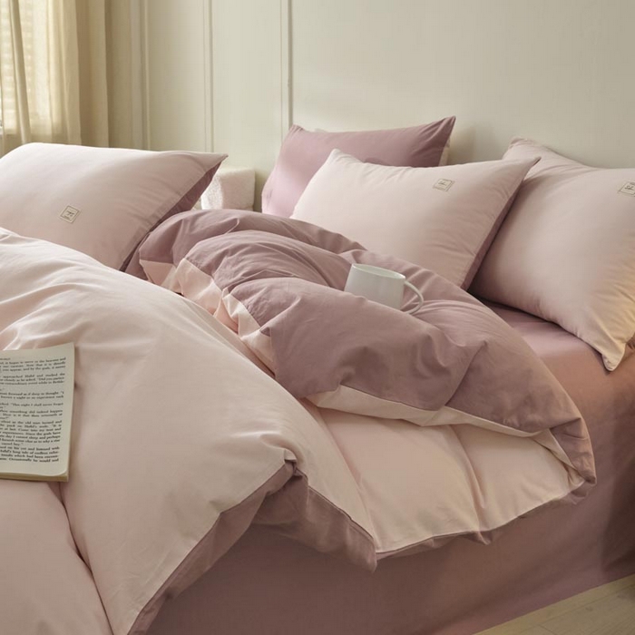 91家纺网 家纺一手货源 找家纺 ab家纺 2025新款色织全棉40支水洗棉四件套--双拼第二组 微微粉豆沙