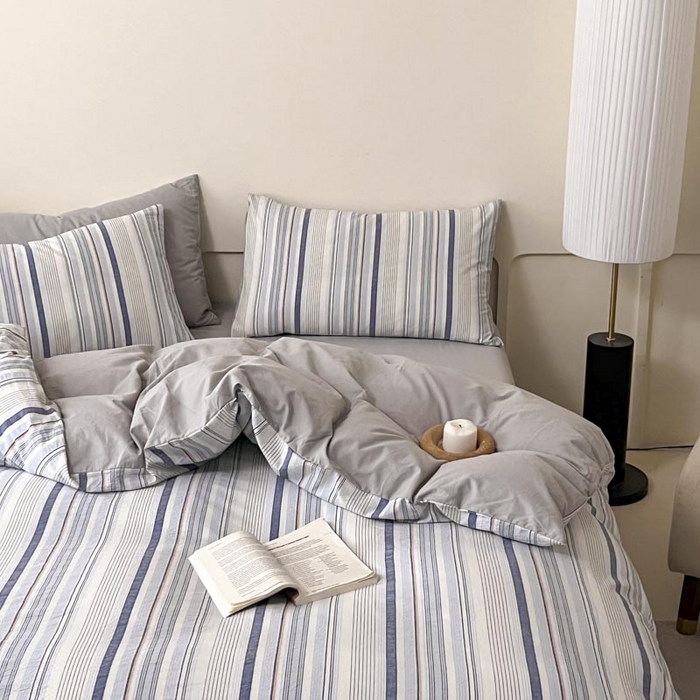 91家纺网 家纺一手货源 找家纺 ab家纺 2024新款色织全棉40支水洗棉条纹四件套  西蒙-蓝