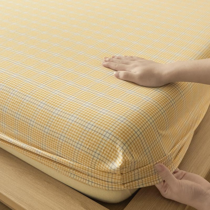 91家纺网 家纺一手货源 找家纺 ab家纺 2025新款简约色织水洗棉床笠 芙卡格-黄