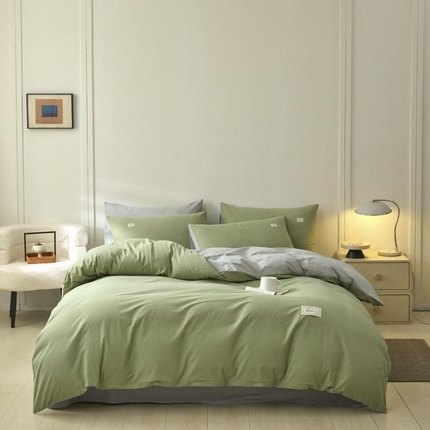 91家纺网 家纺一手货源 找家纺 ab家纺 2025新款色织全棉40支水洗棉四件套--双拼第二组 素绿浅灰