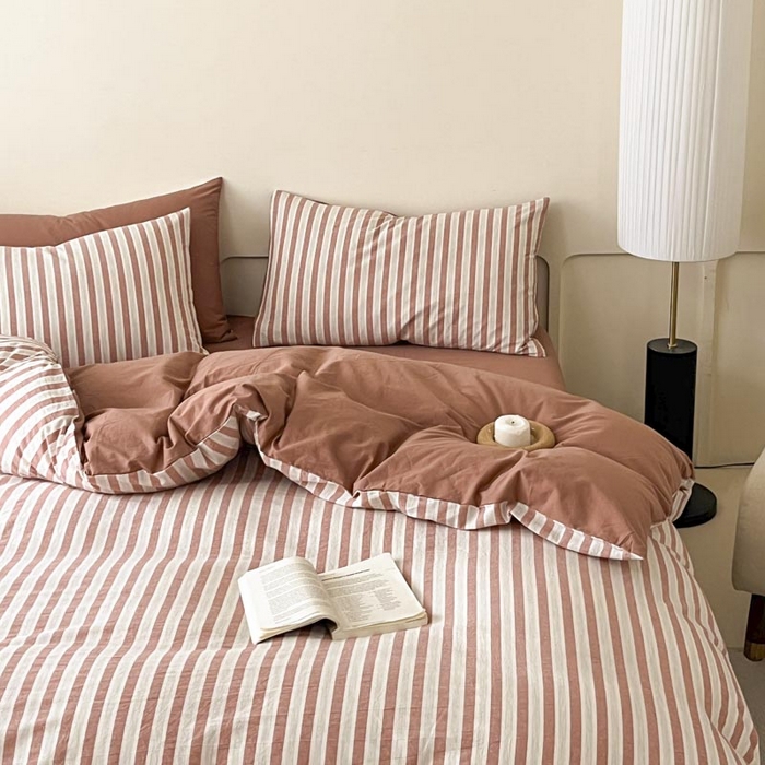 91家纺网 家纺一手货源 找家纺 ab家纺 2024新款色织全棉40支水洗棉条纹四件套  天竺棉 番茄红