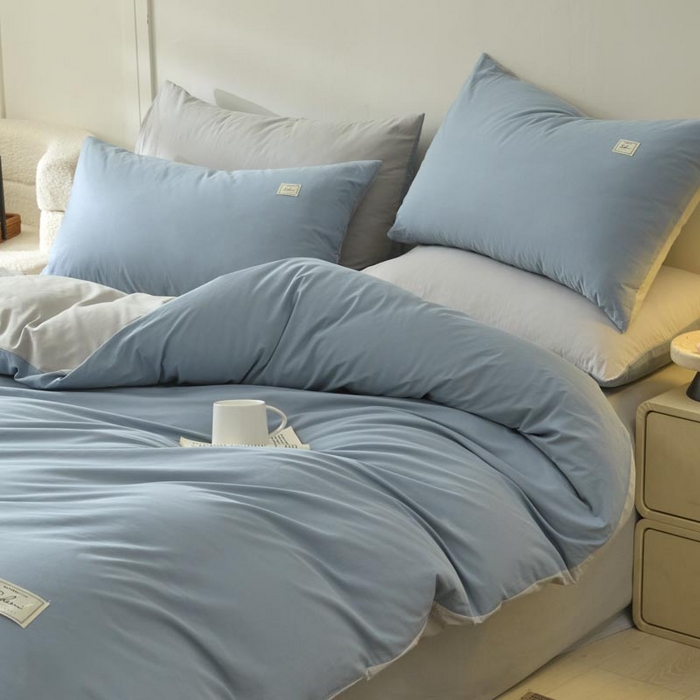 91家纺网 家纺一手货源 找家纺 ab家纺 2025新款色织全棉40支水洗棉四件套--双拼第二组 浅蓝灰
