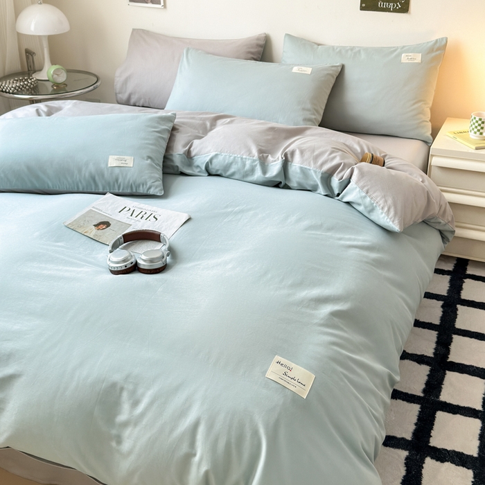 91家纺网 家纺一手货源 找家纺 曼之夏 2025新款全棉双拼四件套 贴标-水兰+米灰