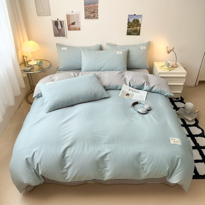 91家纺网 家纺一手货源 找家纺 曼之夏 2025新款全棉双拼四件套 贴标-水兰+米灰