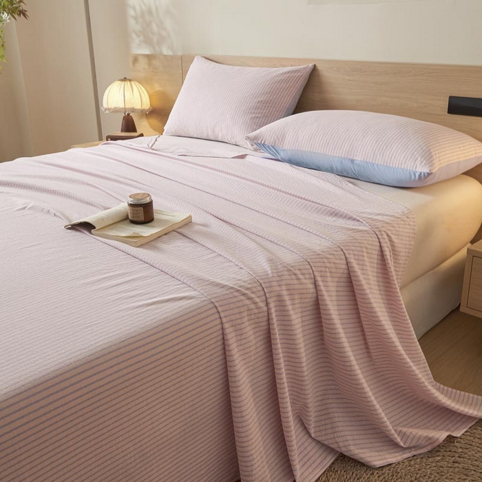 91家纺网 家纺一手货源 找家纺 ab家纺 2025新款简约色织水洗棉床单 余晖-粉蓝