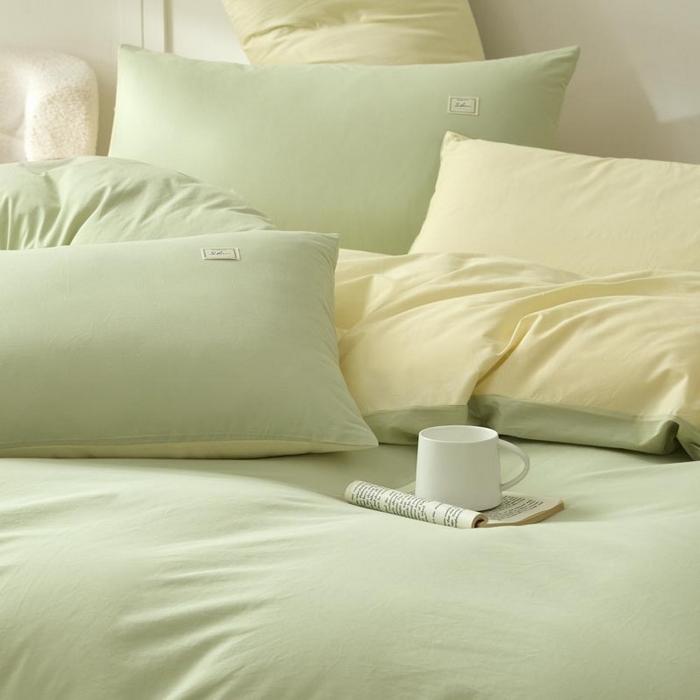 91家纺网 家纺一手货源 找家纺 ab家纺 2025新款色织全棉40支水洗棉四件套--双拼第二组 橄榄绿杏黄