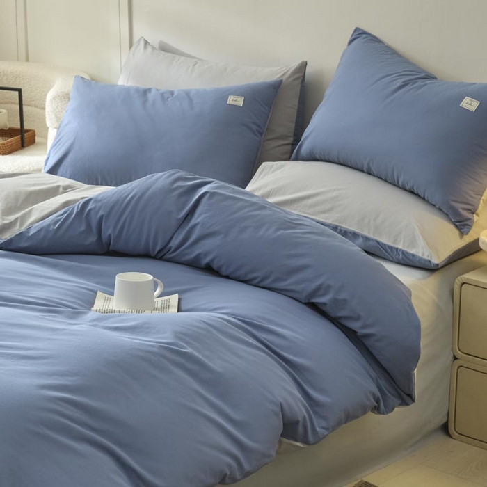 91家纺网 家纺一手货源 找家纺 ab家纺 2025新款色织全棉40支水洗棉四件套--双拼第二组 宾利蓝浅灰