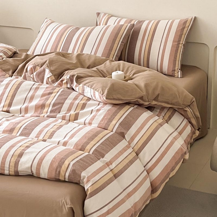 91家纺网 家纺一手货源 找家纺 ab家纺 2024新款色织全棉40支水洗棉条纹四件套  拉菲尔-咖