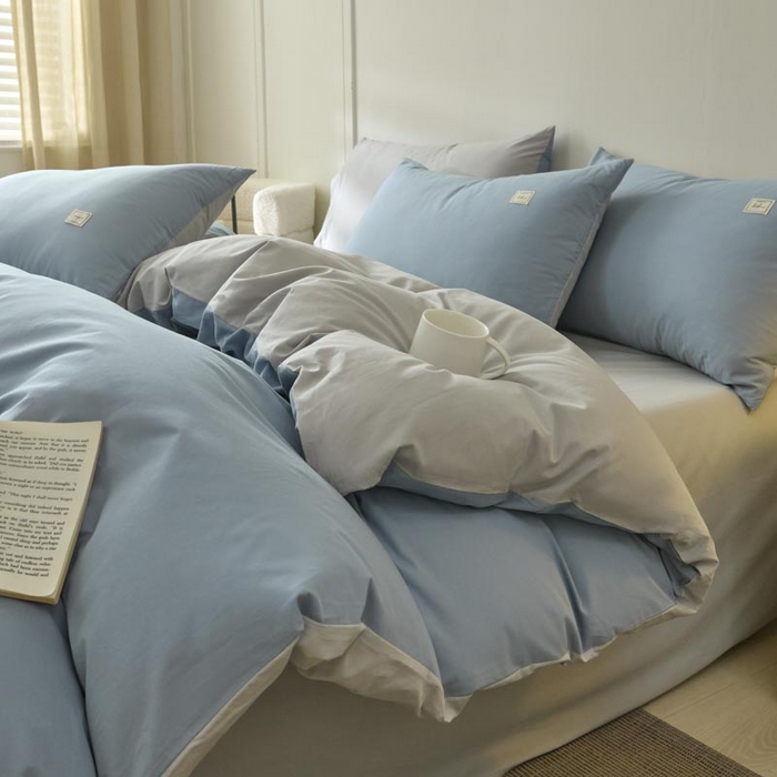 91家纺网 家纺一手货源 找家纺 ab家纺 2025新款色织全棉40支水洗棉四件套--双拼第二组 浅蓝灰