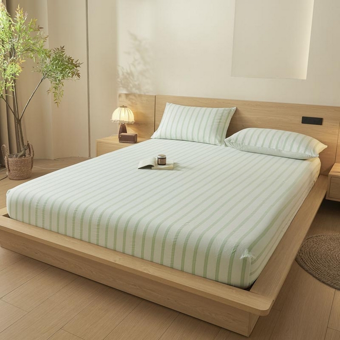 91家纺网 家纺一手货源 找家纺 ab家纺 2025新款简约色织水洗棉床笠 平行线-绿