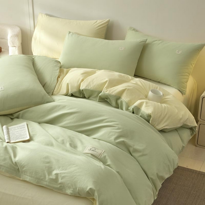 91家纺网 家纺一手货源 找家纺 ab家纺 2025新款色织全棉40支水洗棉四件套--双拼第二组 橄榄绿杏黄