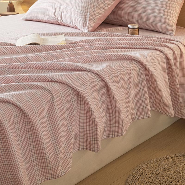 91家纺网 家纺一手货源 找家纺 ab家纺 2025新款简约色织水洗棉床单 芙卡格-粉