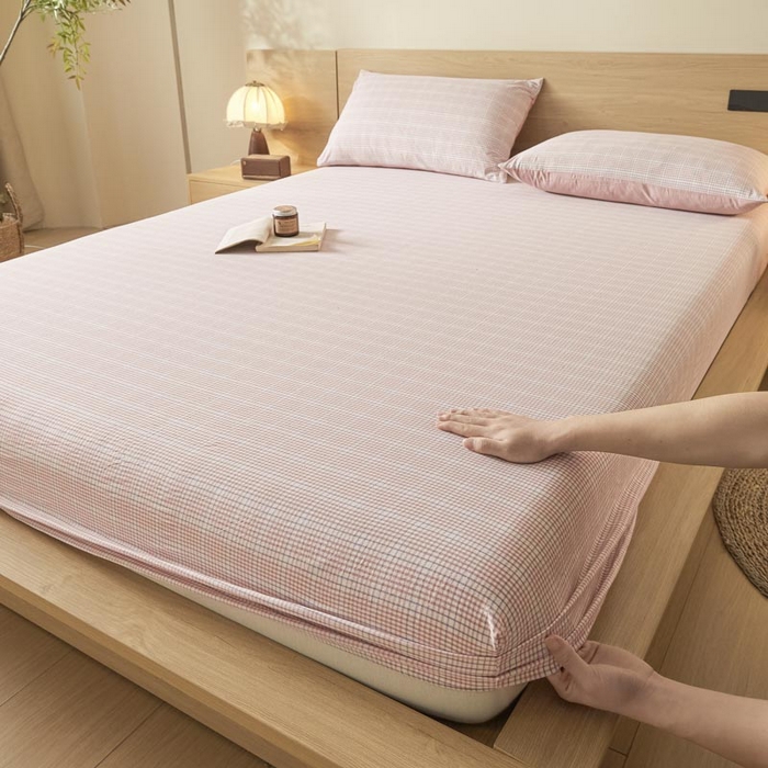 91家纺网 家纺一手货源 找家纺 ab家纺 2025新款简约色织水洗棉床笠 芙卡格-粉