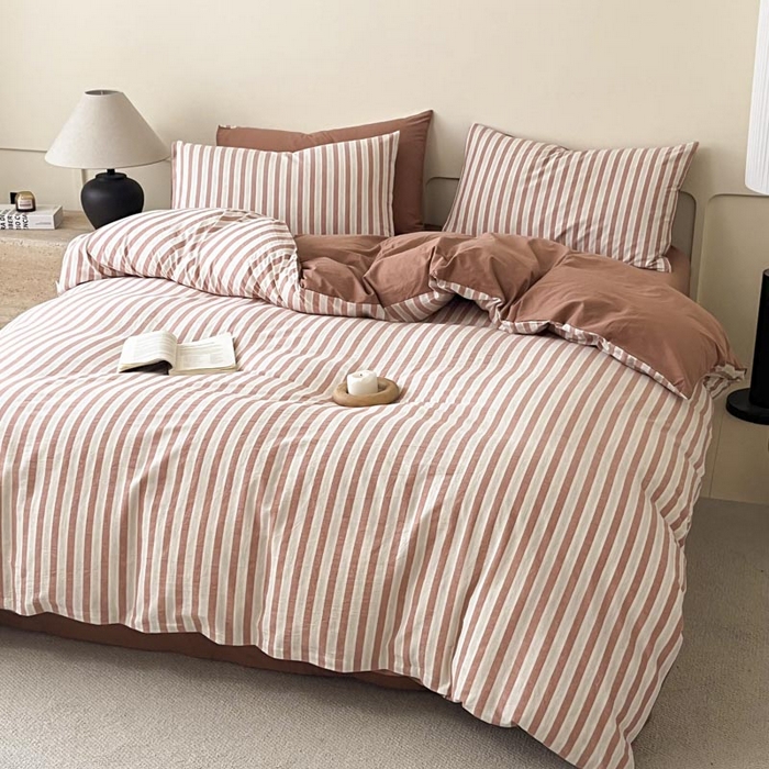 91家纺网 家纺一手货源 找家纺 ab家纺 2024新款色织全棉40支水洗棉条纹四件套  天竺棉 番茄红