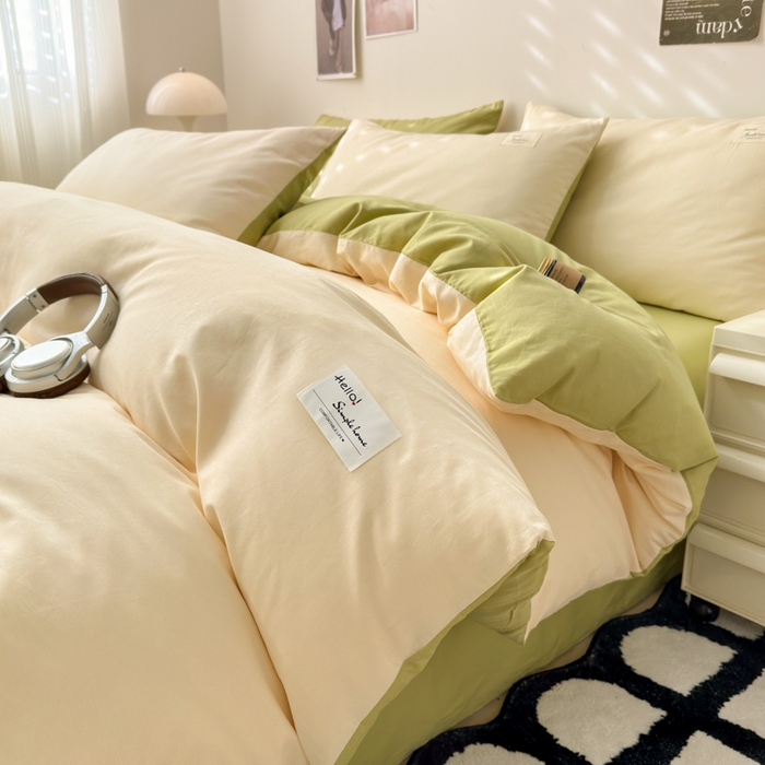 91家纺网 家纺一手货源 找家纺 曼之夏 2025新款全棉双拼四件套 贴标-米色+草绿