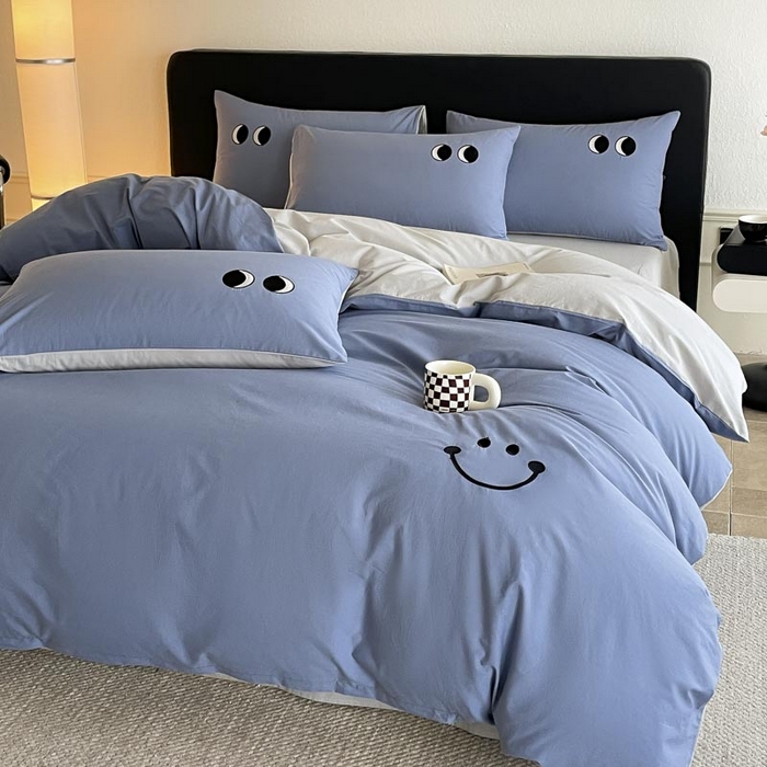 91家纺网 家纺一手货源 找家纺 （总）ab家纺 2025新款纯色水洗棉笑脸双拼绣花四件套