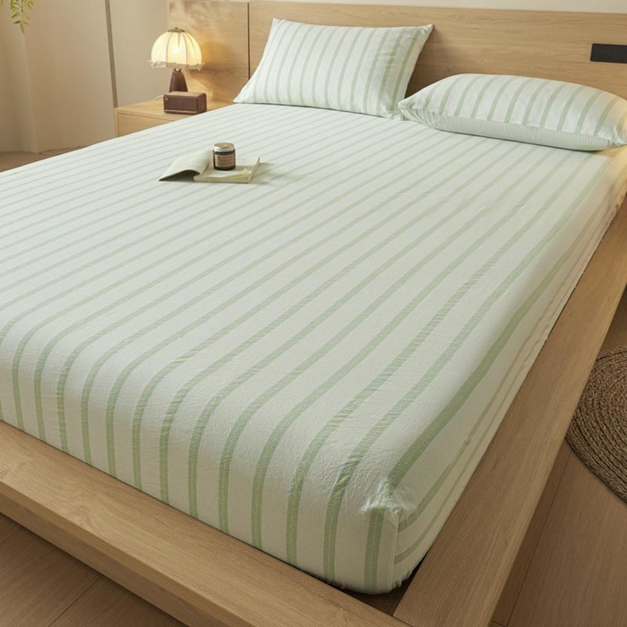 91家纺网 家纺一手货源 找家纺 ab家纺 2025新款简约色织水洗棉床笠 平行线-绿