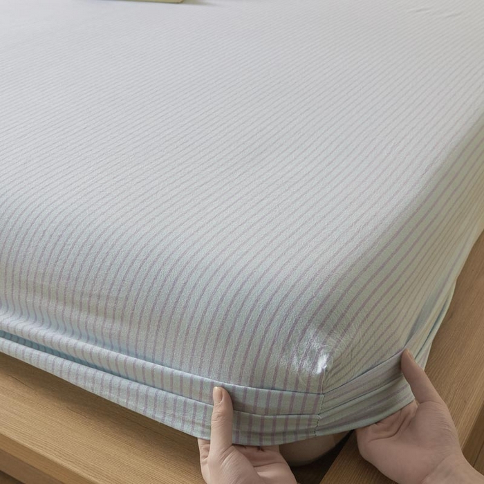 91家纺网 家纺一手货源 找家纺 ab家纺 2025新款简约色织水洗棉床笠 余晖-蓝紫